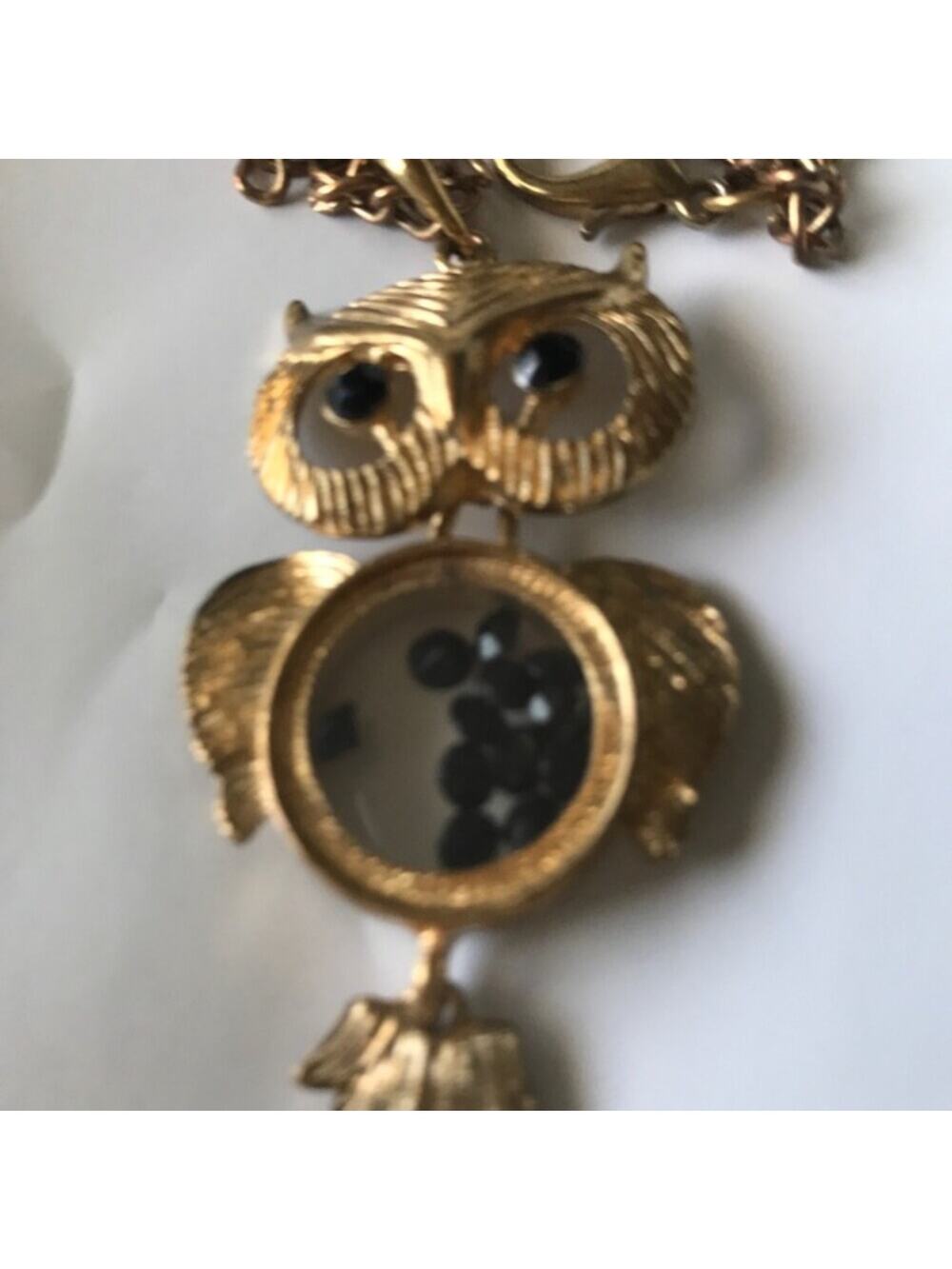 Owl Neckless Gold Tone Black Crystal Eyes